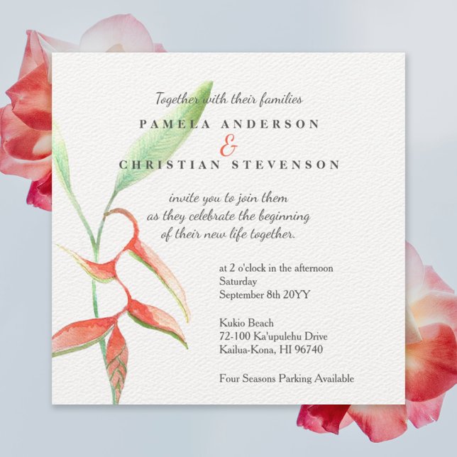Orangen Heliconia Flower Watercolor Bröllop Inbjudningar (orange watercolor heliconia flowers wedding invitation for a tropical beach wedding, Hawaiian flower)