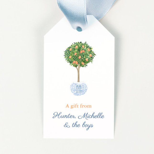 Orangen Himlar Blue Topiary Träd Värdinna Presentetikett (Chinoiserie orange tree hostess gift tags
)