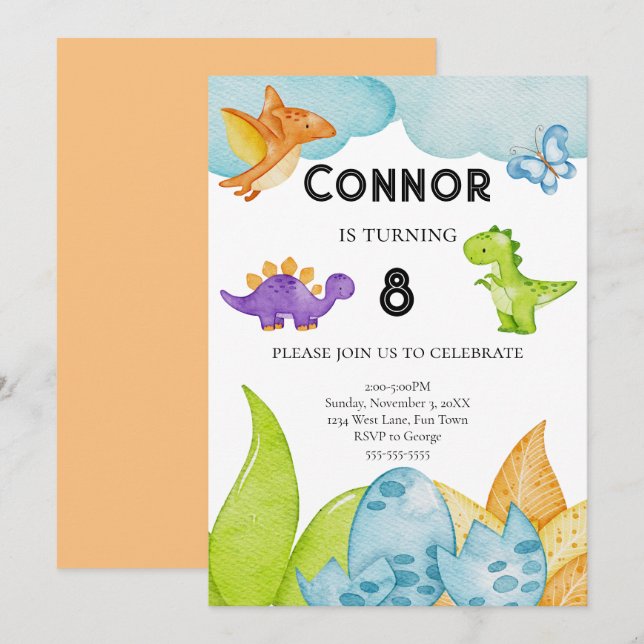 Orangen Kids Dinosaur Theme Birthday Jurassic Inbjudningar (Fram/baksida)