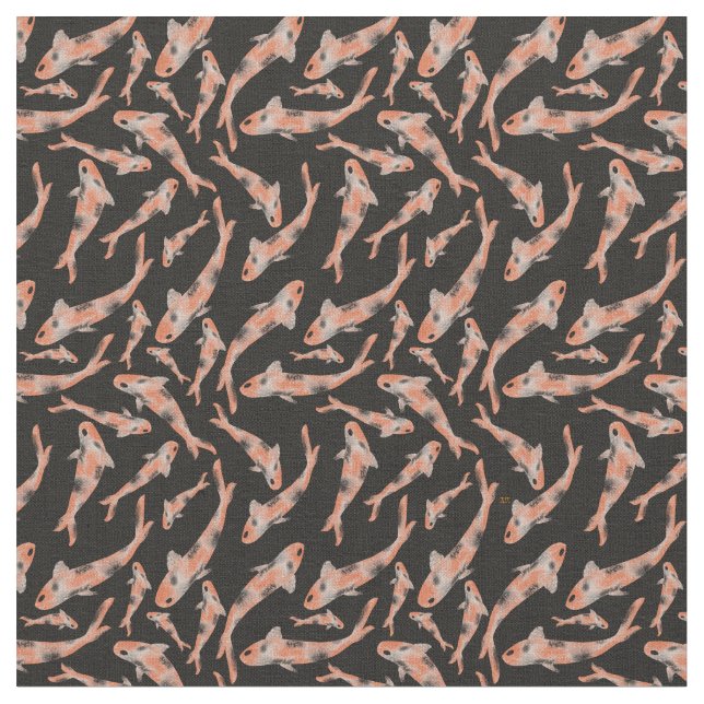 Orangen Koi Black Fish Mönster Tyg (Närbild)