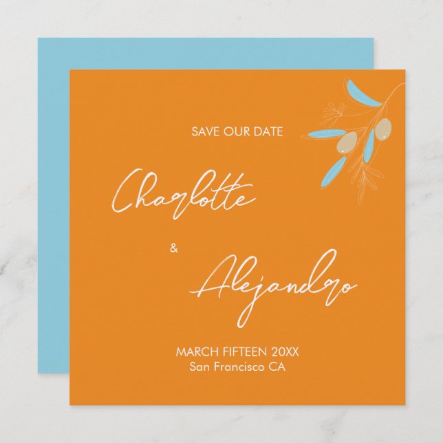 Orangen Medelhavet Vibes Bröllop spara datum (Fram/baksida)