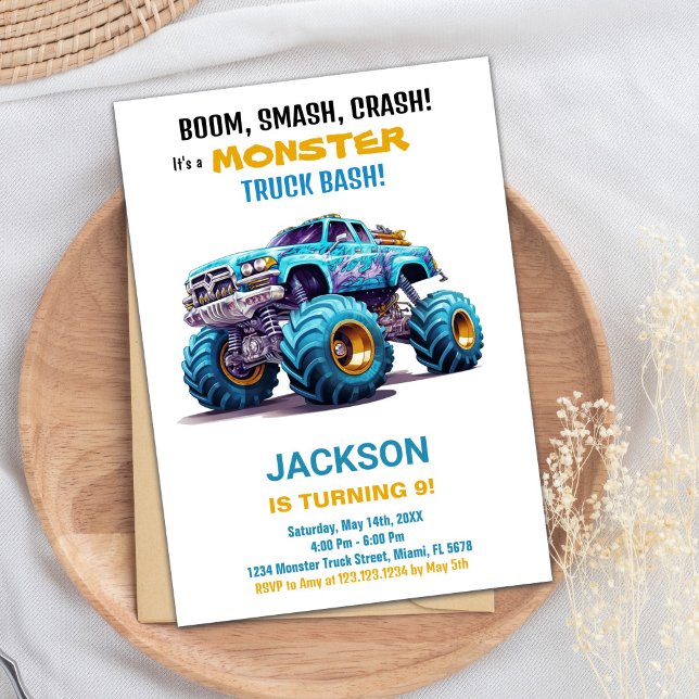 Orangen Monster Lastbil Birthday Inbjudningar - bl (Monster Truck Birthday Invitations Orange Blue)