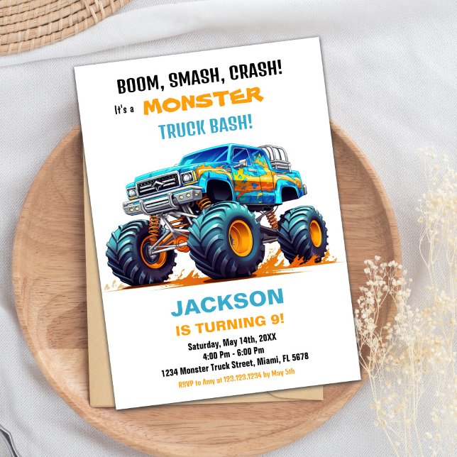 Orangen Monster Lastbil Birthday Inbjudningar - bl (Monster Truck Birthday Invitations Orange Blue)