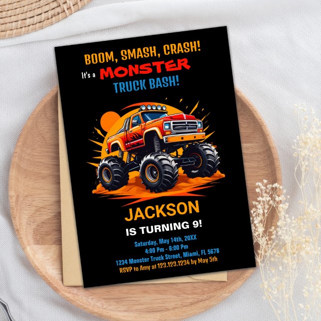 Orangen Monster Lastbil Birthday Investigations Inbjudningar (Monster Truck Birthday Invitations Orange)