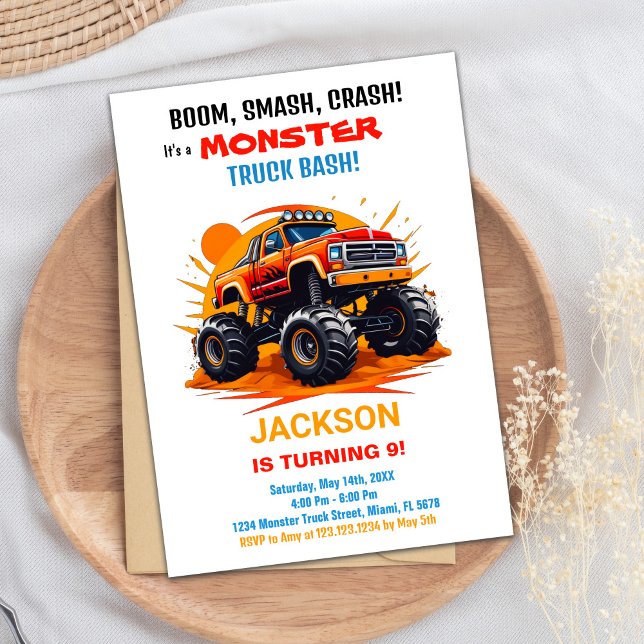Orangen Monster Lastbil Birthday Investigations Wh Inbjudningar (Monster Truck Birthday Invitations Orange White)