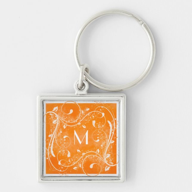 Orangen och vit virvlar runt monogramen Keychain Fyrkantig Silverfärgad Nyckelring (Framsidan)