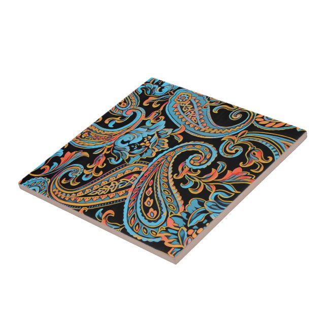 Orangen Paisley för himlar Blue och Höst Kakelplatta (Sidan)