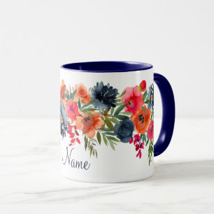 Orangen Red Rustic Watercolor Ro Blommigt Namn Mugg