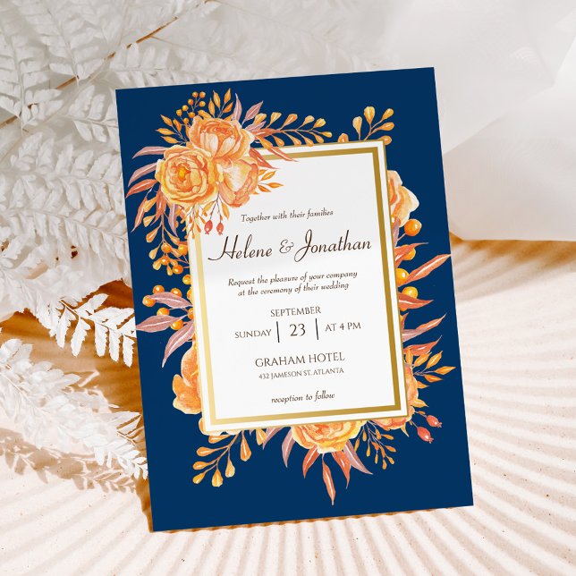 Orangen Rust Rustic Elegant bröllop Inbjudningar (Navy Blue Rust Orange Rustic Elegant Wedding Invitation)