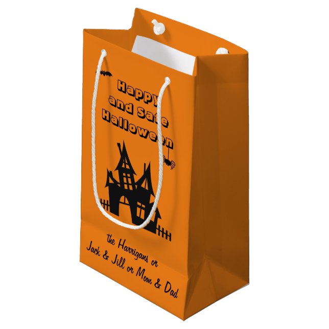 Orangen Small Gift Bag för namn Haunted House Hall (Framsidan Vinklad)