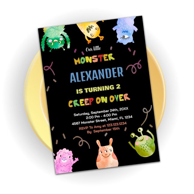 Orangen Svart på Monster Birthday-inbjudningar, Gr Inbjudningar (Monster Birthday Invitations Green Orange Black)