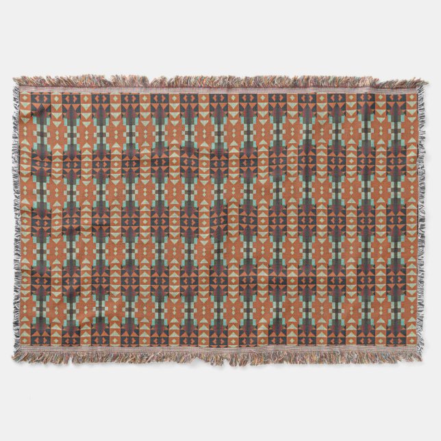 Orangen Teal Grönt Taupe Beige Tribal Art Filt (Framsidan)