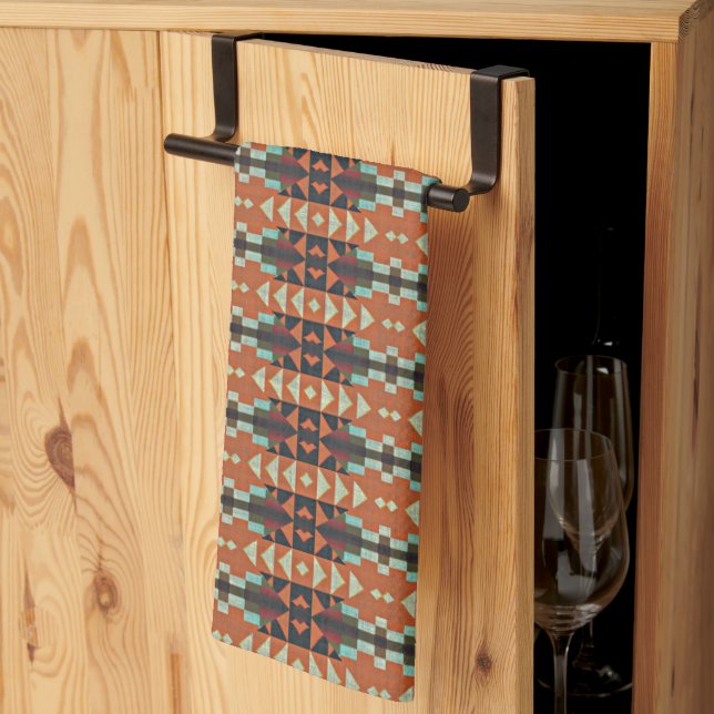 Orangen Teal Grönt Taupe Beige Tribal Art Kökshandduk (Thirds Fold)