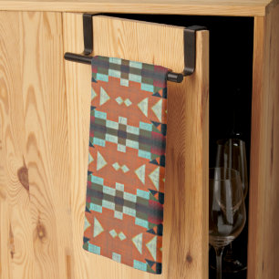 Orangen Teal Grönt Taupe Beige Tribal Art Kökshandduk
