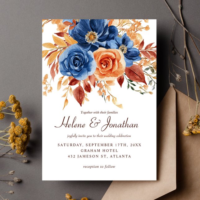 Orangen Terracotta Elegant bröllop Inbjudningar (Navy Blue Orange Terracotta Elegant Wedding Invitation)