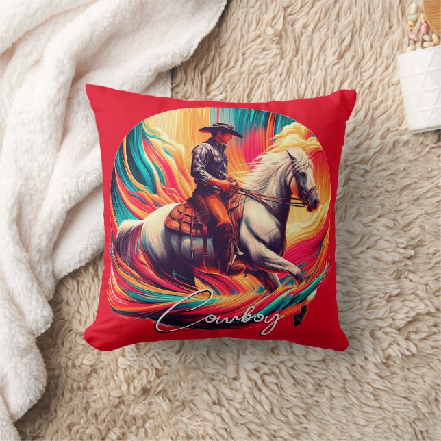 Orangen Vibrant Cowboy och Horse Burnt Kudde (Filt)