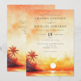 Orangen Watercolor Beach Sunset QR Code Bröllop Inbjudningar