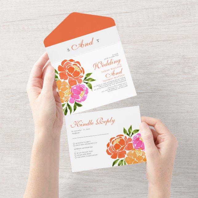 Orangen Watercolor Shock rosa Blommigt Boho Bröllo (Avrivbar del)