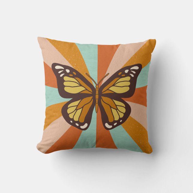 orangens blå gult, enkel retrobutterfly-ruta kudde (Framsida)
