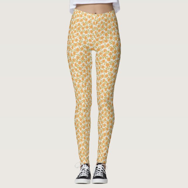 Orangens Blommigt 70s Retro Leggings (Framsida)