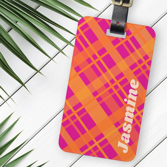 Orangens magenta har anpassat mönster bagagebricka (Orange magenta plaid pattern custom name luggage tag)