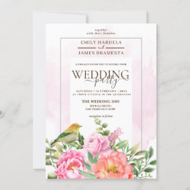 Orangens Rosa Blommigt med fåglarnas vattenfärg Br Inbjudningar