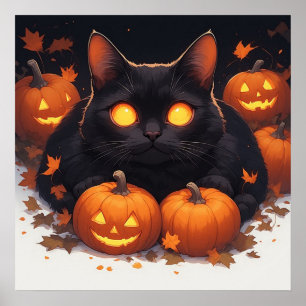 Orangeögd svart katt Halloween-pumpa tema 🎃 Poster