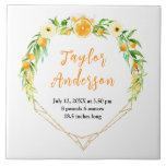 Oranges and Foliage Baby Birth Stats Kakelplatta<br><div class="desc">This fun and whimsical tile features watercolor oranges, daisies and foliage on a gold geometric frame. The text combines handwritten script and serif fonts for a stylish and modern look. It can be personalized with your baby's birth stats, such as name, size, date and time of birth, or if you...</div>