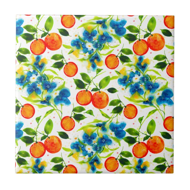 Oranges & Blue Blossoms Watercolor Art Kakelplatta (Framsidan)