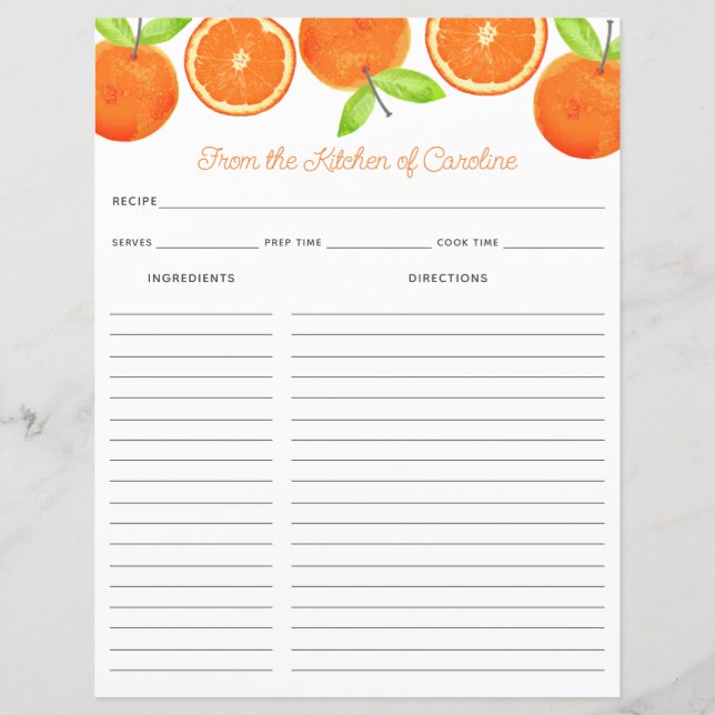 Oranges Citrus Fruit Recipe Card Binder Insert (Framsida)