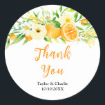 Oranges Citrus Wedding Thank You Runt Klistermärke<br><div class="desc">This beautiful and elegant wedding thank you sticker features watercolor oranges,  daisies and foliage. The text combines handwritten script and serif fonts for a stylish and modern look. This is perfect for a spring or summer rustic wedding.</div>