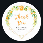 Oranges Citrus Wedding Thank You Runt Klistermärke<br><div class="desc">This beautiful and elegant wedding thank you sticker features watercolor oranges,  daisies and foliage on a gold geometric frame. The text combines handwritten script and serif fonts for a stylish and modern look. This is perfect for a spring or summer rustic wedding.</div>