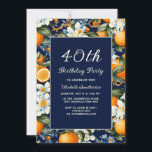 Oranges White Flowers Navy Blue 40th Birthday Inbjudningar<br><div class="desc">Celebrate a milestone in elegant style with this navy blue and orange floral 40th birthday party invitation. Featuring a rich deep-blue background framed by vibrant oranges, lush greenery, and soft white florals, this design blends classic elegance with a fresh, celebratory feel. Graceful script typography highlights the milestone age, while clean,...</div>
