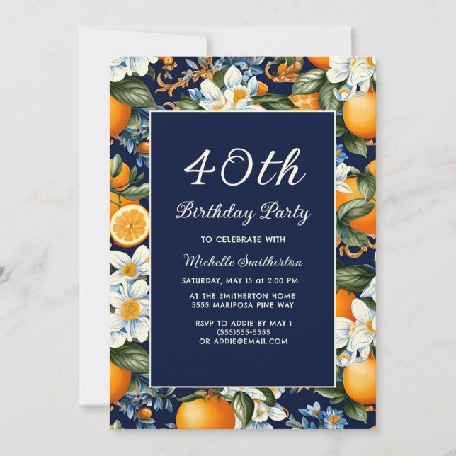 Oranges White Flowers Navy Blue 40th Birthday Inbjudningar (Framsida)