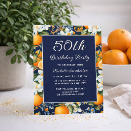 Oranges White Flowers Navy Blue 50th Birthday Inbjudningar