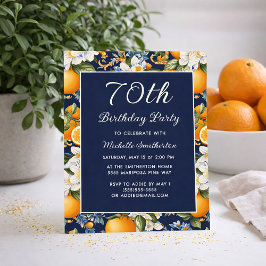 Oranges White Flowers Navy Blue 70th Birthday Inbjudningar