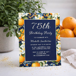 Oranges White Flowers Navy Blue 75th Birthday Inbjudningar