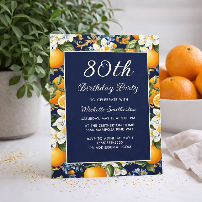 Oranges White Flowers Navy Blue 80th Birthday Inbjudningar (Oranges on navy blue 80th birthday invitation)