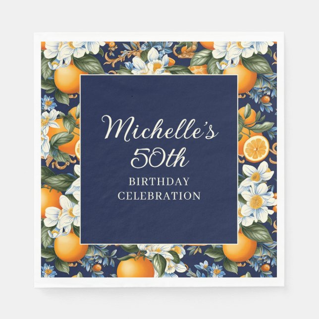 Oranges White Flowers Navy Blue Birthday Welcome Pappersservett (Framsidan)