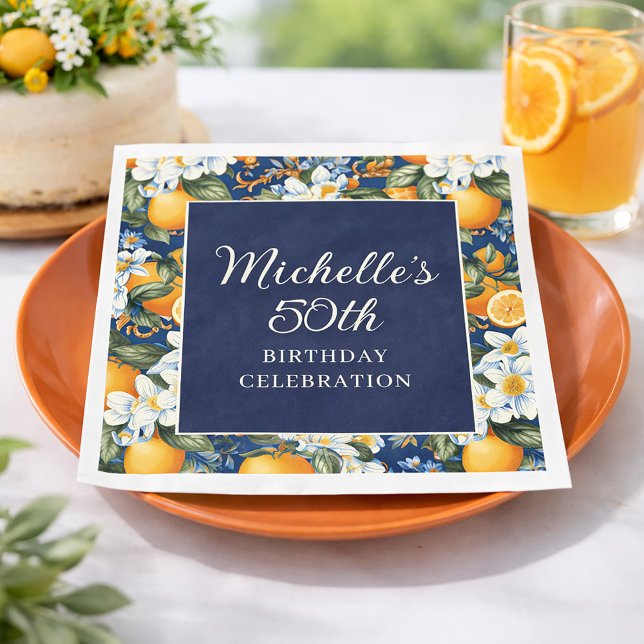 Oranges White Flowers Navy Blue Birthday Welcome Pappersservett (Oranges on navy blue 50th birthday party paper napkin)
