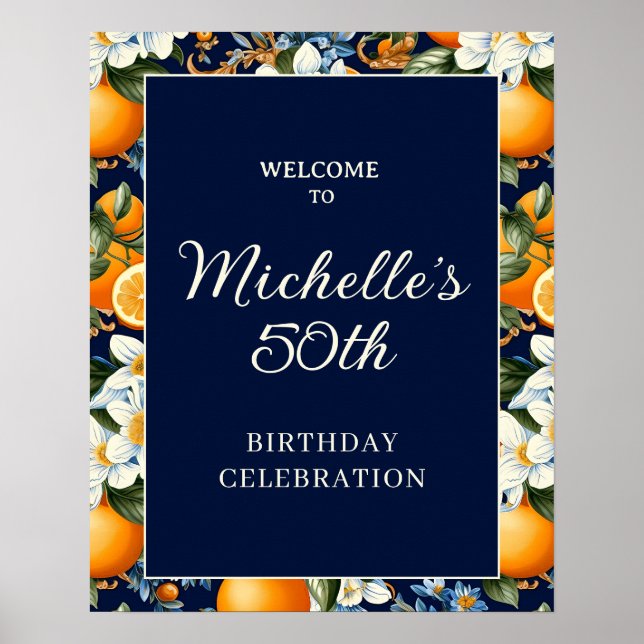 Oranges White Flowers Navy Blue Birthday Welcome Poster (Framsidan)