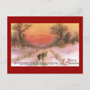 Orangey Sunset over Snowy Lane Vintage Julafton Helg Vykort
