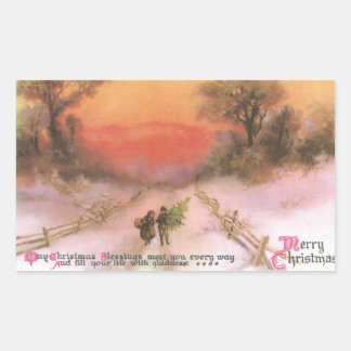 Orangey Sunset over Snowy Lane Vintage Julafton Rektangulärt Klistermärke