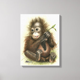 Orangutan Baby med Löv Canvastryck