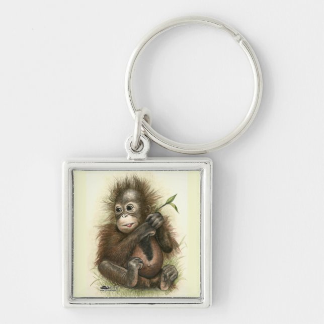 Orangutan Baby med Löv Fyrkantig Silverfärgad Nyckelring (Framsidan)