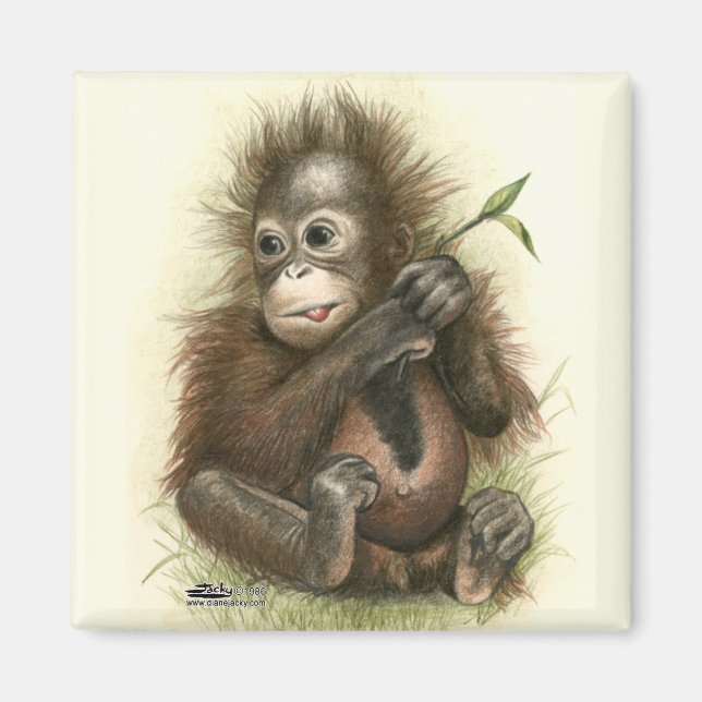 Orangutan Baby med Löv Magnet (Framsidan)