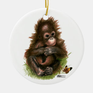 Orangutan Baby och Butterfly Julgransprydnad Keramik
