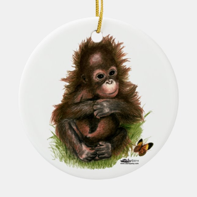 Orangutan Baby och Butterfly Julgransprydnad Keramik (Framsidan)