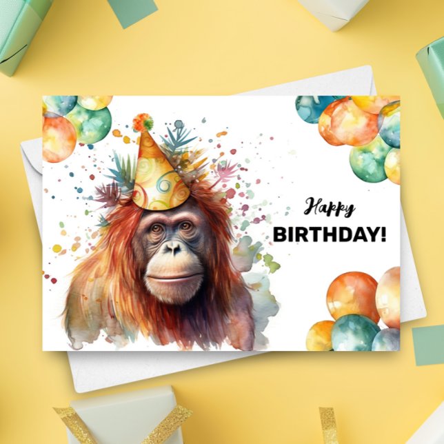 Orangutan Balloons och Party Hat Grattis på födels Kort (Skapare uppladdad)