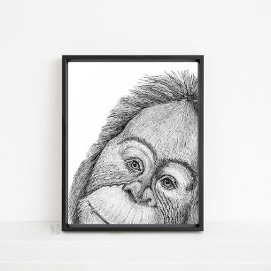 Orangutan Monkey Black and White Line Wall Art Poster